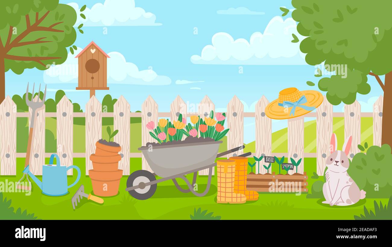 Garden landscape with tools. Cartoon spring poster with yard and fence,  wheelbarrow, flowers, seedling and pots. Gardening vector concept Stock  Vector Image & Art - Alamy