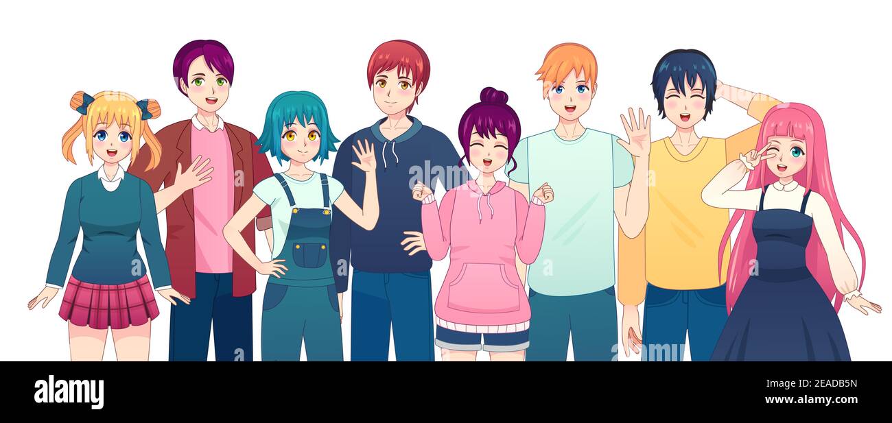 Group of anime characters. Young manga girls and boys friends in japanese comic style. Smiling korean male and female students vector set Stock Vector