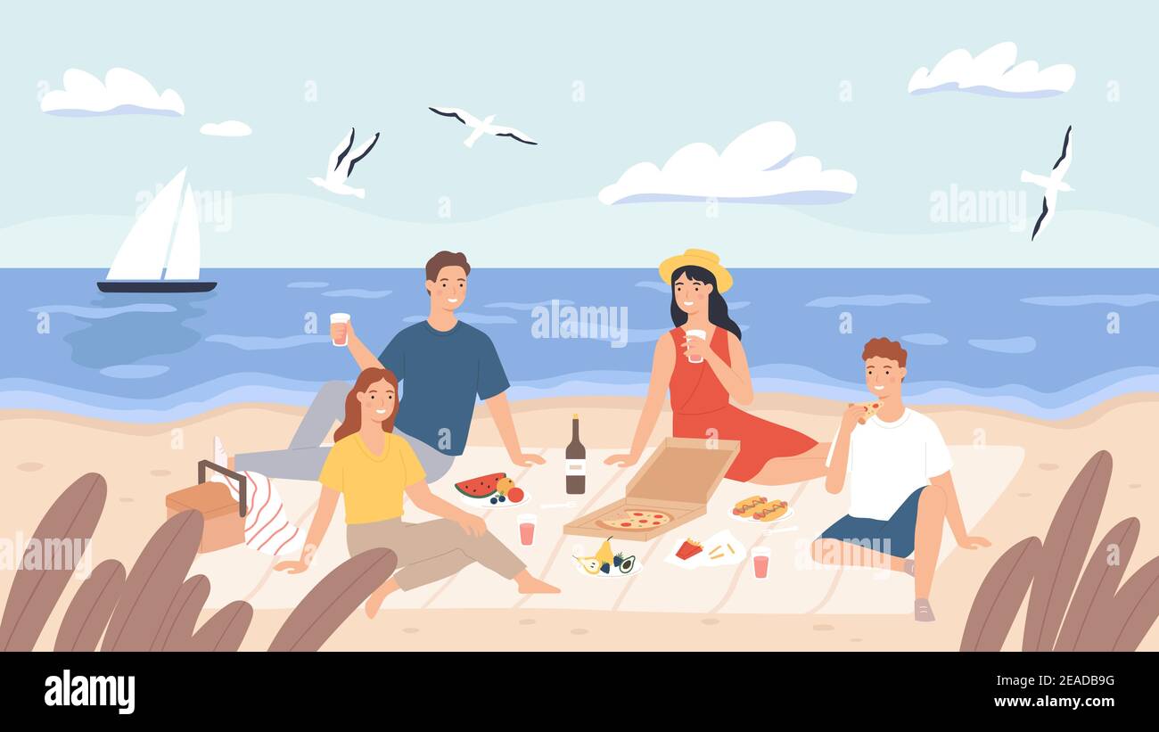 Picnic at beach. Group of friends chill and eat food on sea shore. Happy  men and women have lunch outdoor. Holiday on seaside vector concept Stock  Vector Image & Art - Alamy