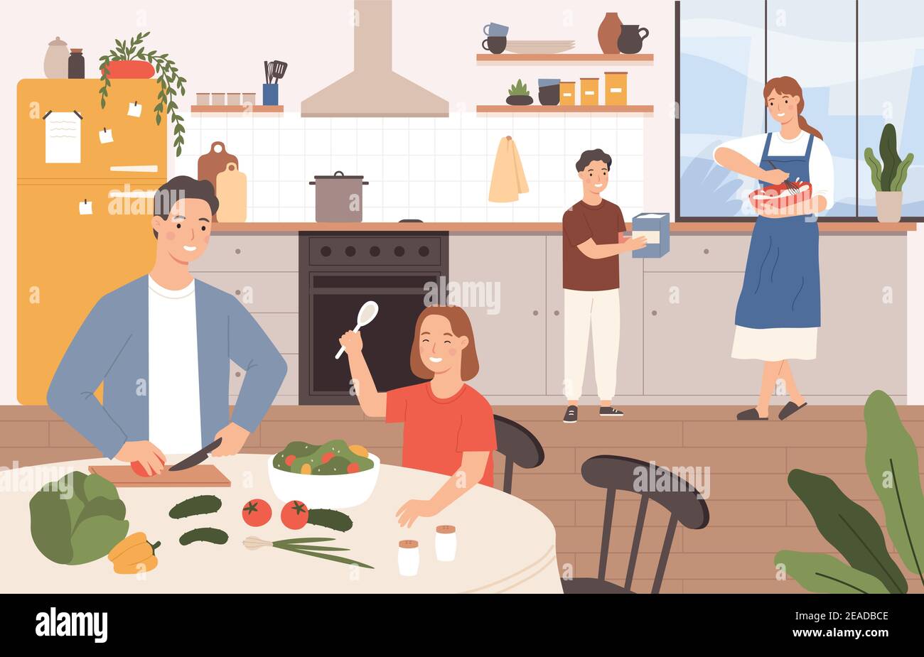Family cooking together. Happy parents and children baking in kitchen. Son helps mother cook. Family with kids preparing food vector concept Stock Vector