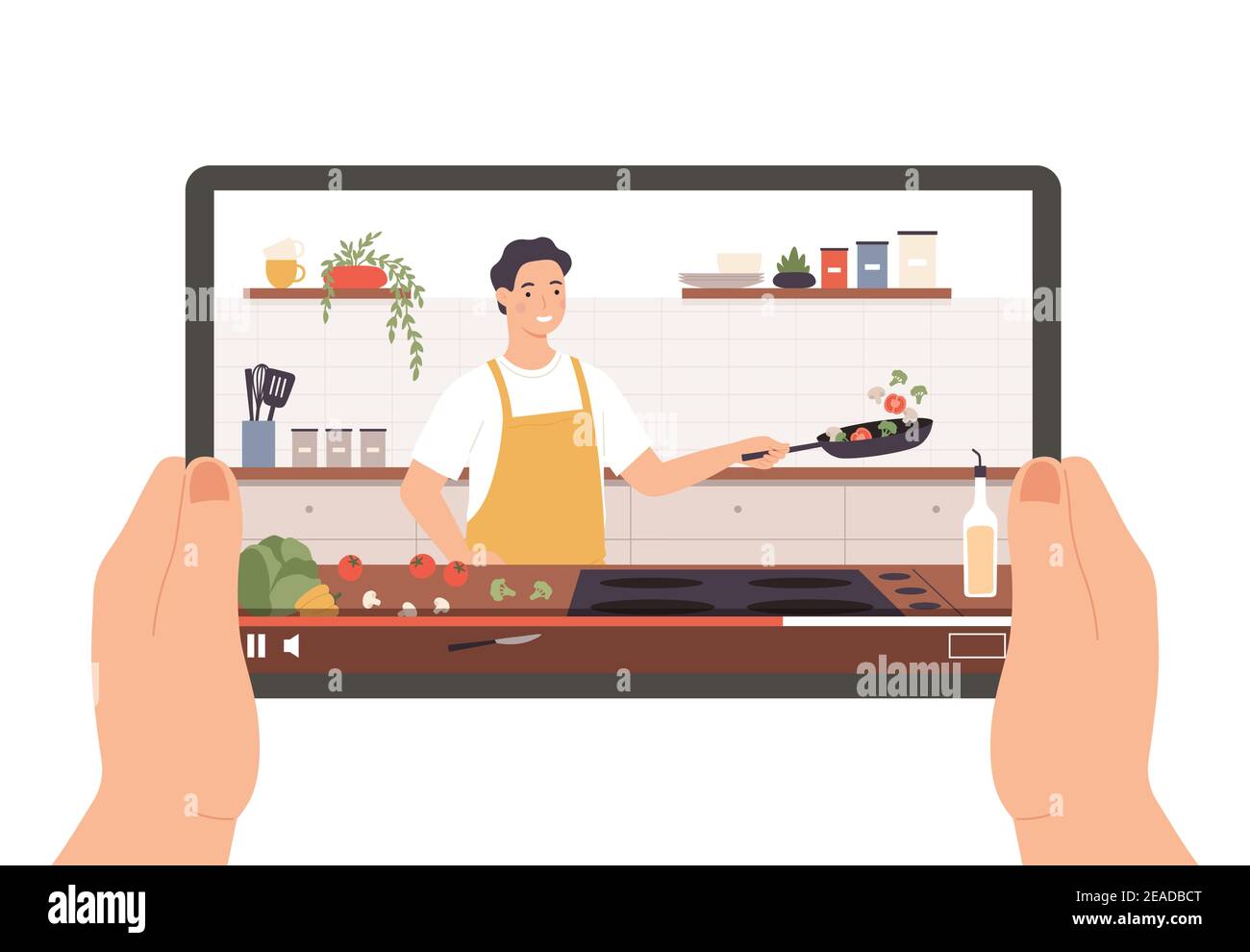 Cooking video. Hands holding tablet with culinary broadcast, show or online lesson. Chef preparing food in kitchen interior vector concept Stock Vector