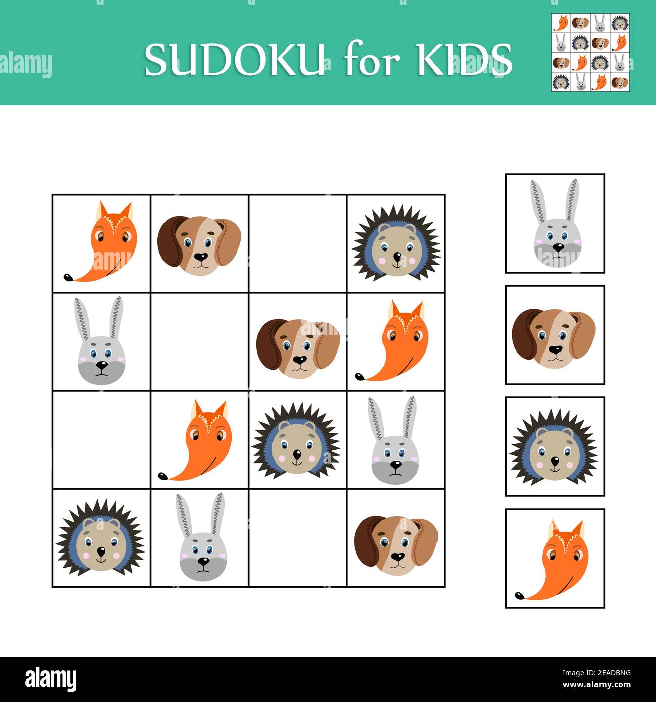Sudoku game for children with pictures. Logic kids activity sheet. Colorful cute animals. Educational card for children. Maths child poster. School Stock Vector