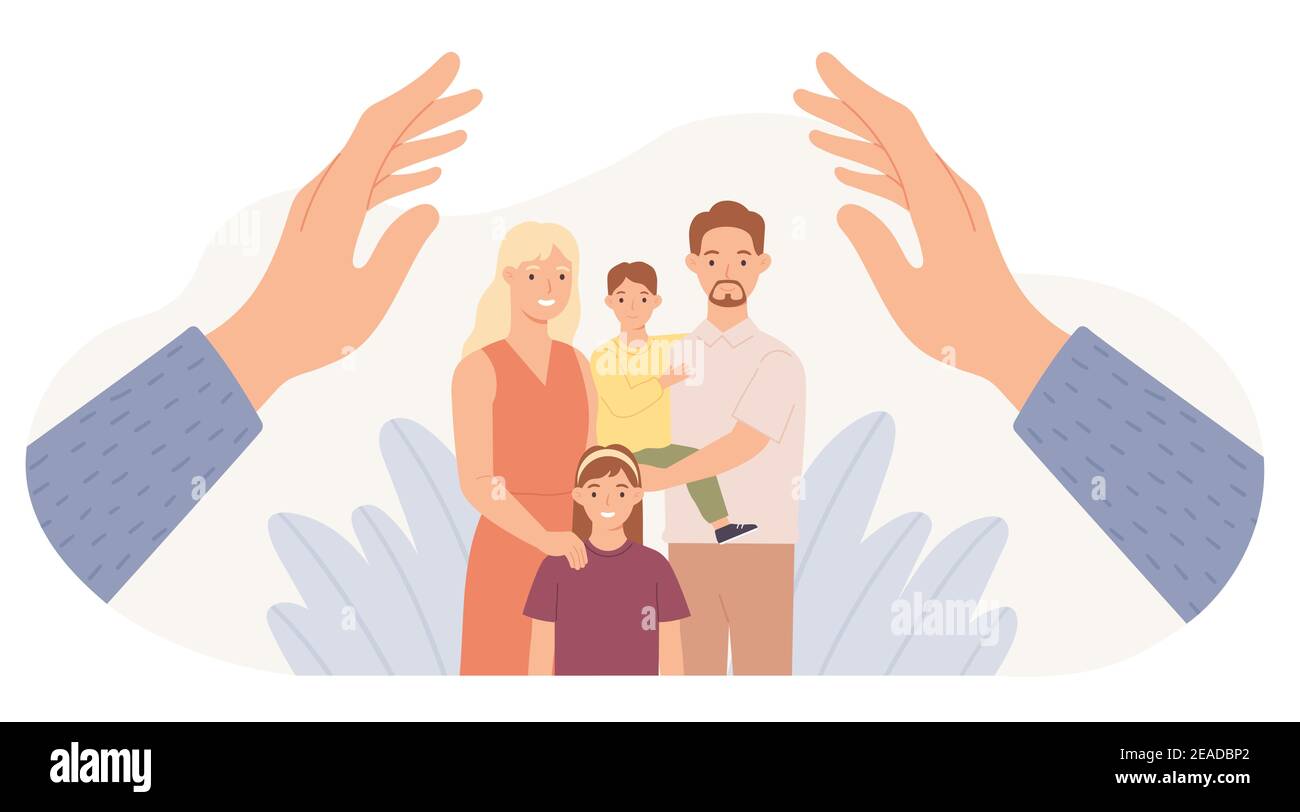 Family protection. Hands protect parents and children. Father, mother, daughter and son safe. Family health care and support vector concept Stock Vector