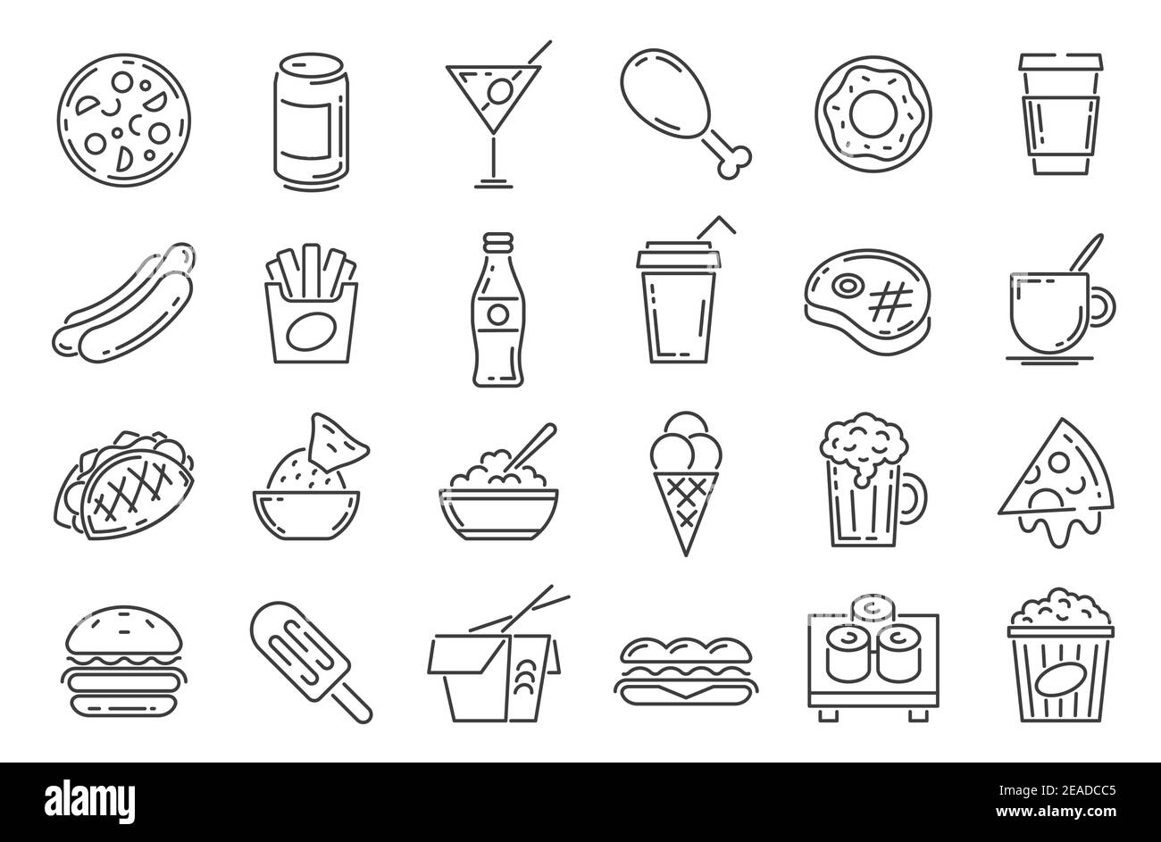 Fast food line icons. Cafeteria snack, sandwich, drink, pizza, hamburger and hotdog. Outline takeaway dishes and cafe menu symbol vector set Stock Vector