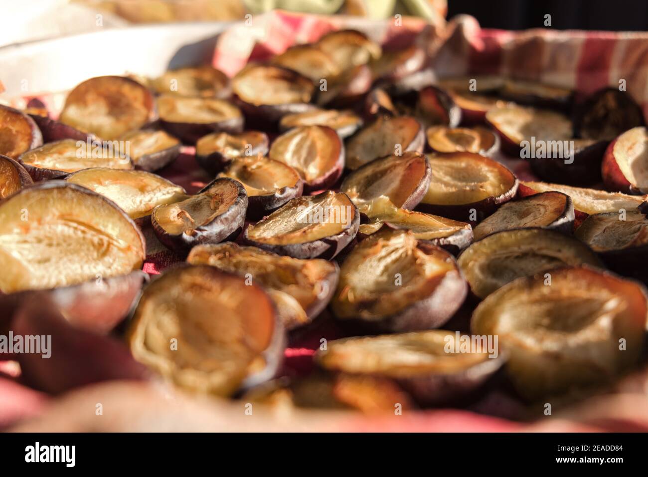 many semi-dried plums - close up selective focus Stock Photo