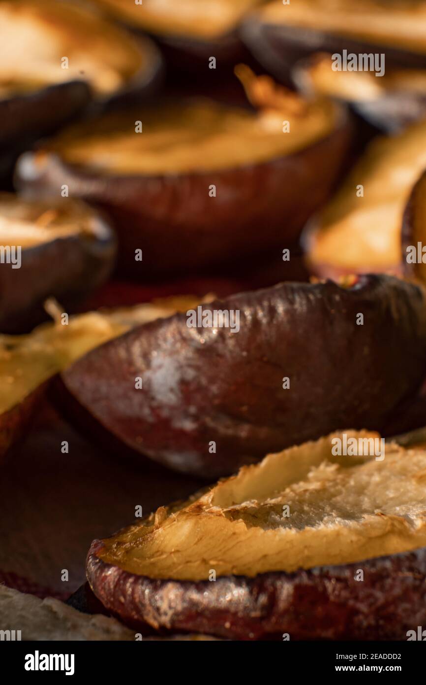 Semi-Dried plums - selective close-up focus Stock Photo