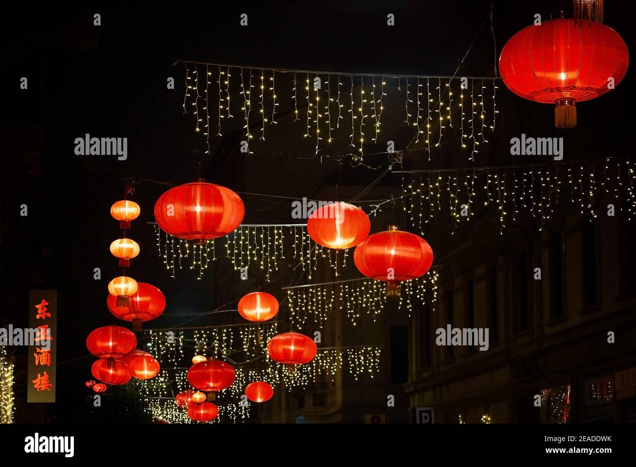 Chinese new year red lanterns in Chinatown. Decorations on the street ...