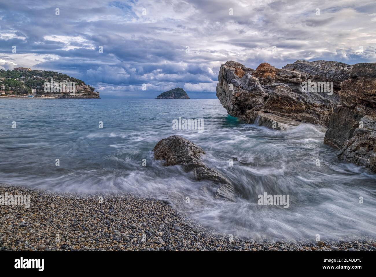 Italy Liguria Bergeggi is famous for its small island called 'Bergeggi island'. It is located on the Ligurian Riviera a stone's throw from Savona and just before Spotorno. Stock Photo