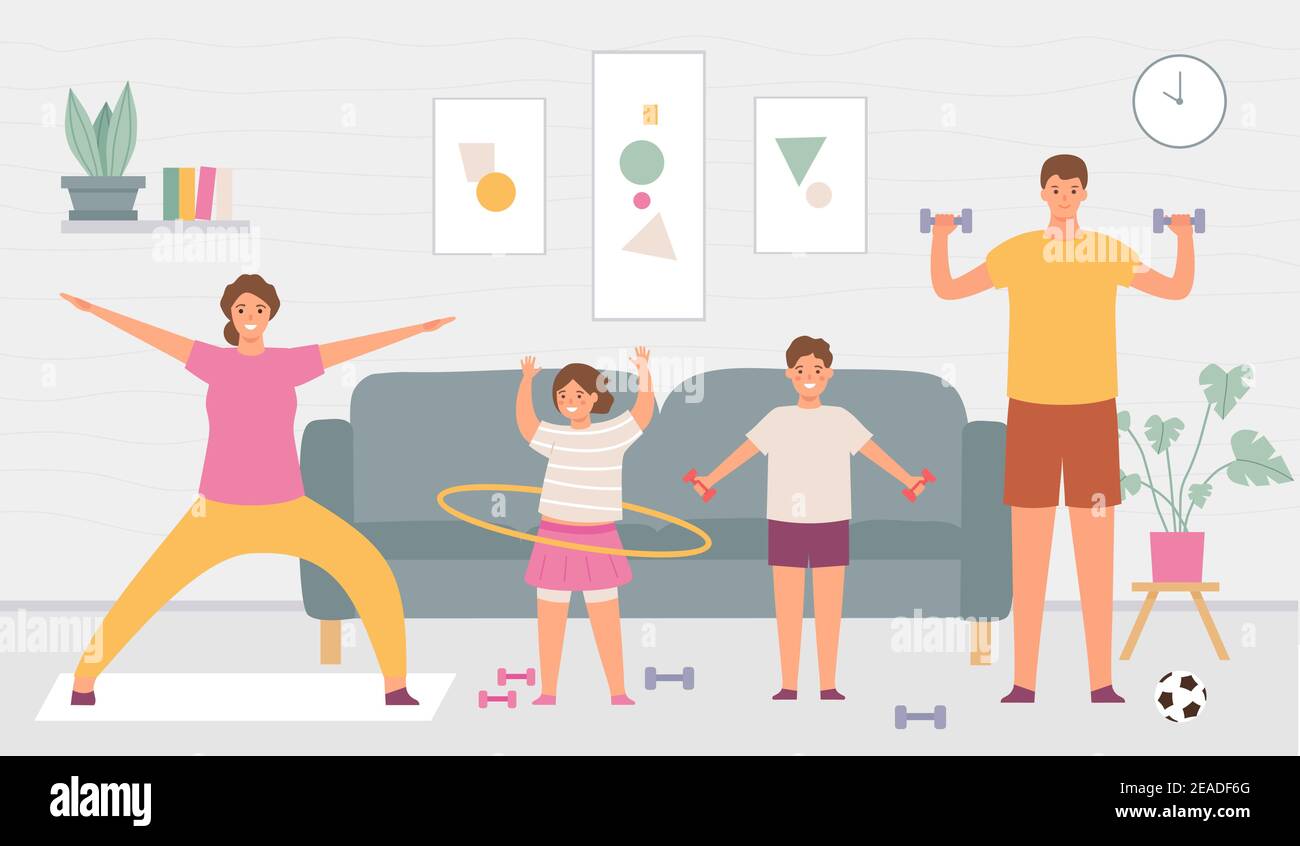 Sport family at home. Parents and kids do exercise in house interior. Indoor healthy lifestyle for active adults and children vector concept Stock Vector Image Art Alamy
