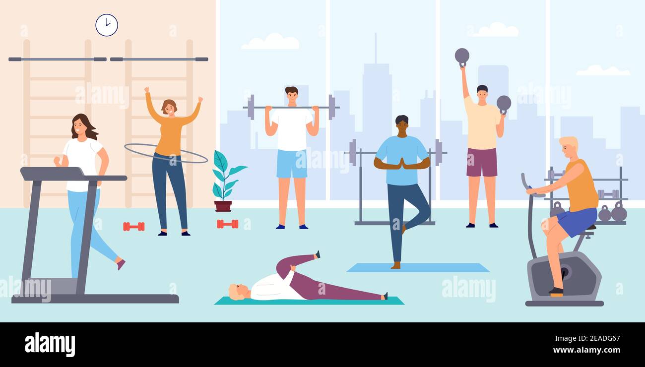 People in gym. Man and woman on training apparatus, exercise bike and ...