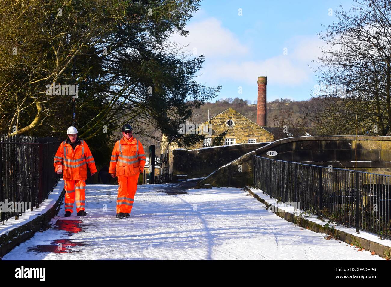 Orange Hi Vis, Rochdale Canal, Hebden Bridge, Calderdale, West Yorkshire Stock Photo