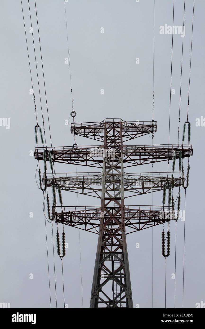 Structure Of Electricity Powerline Pylon Bottom View Stock Photo