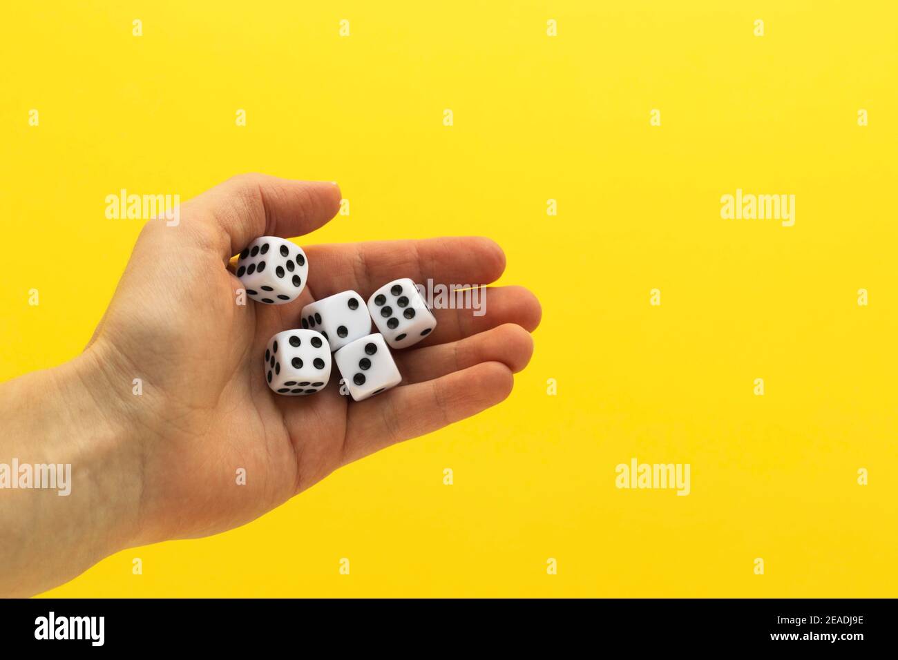 Woman hand holding five dice. Playing cube with numbers. Items for board games. Blurred yellow background. Stock Photo