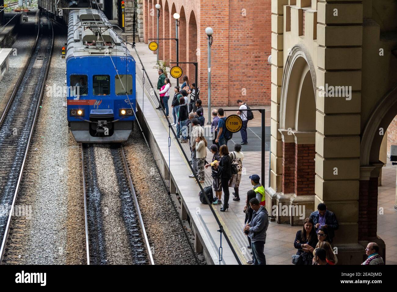 A Metropolitan line train arrives at Luz mainline railway station, a commuter and intercity station in Sao Paulo, Brazil.  Luz station was designed Stock Photo