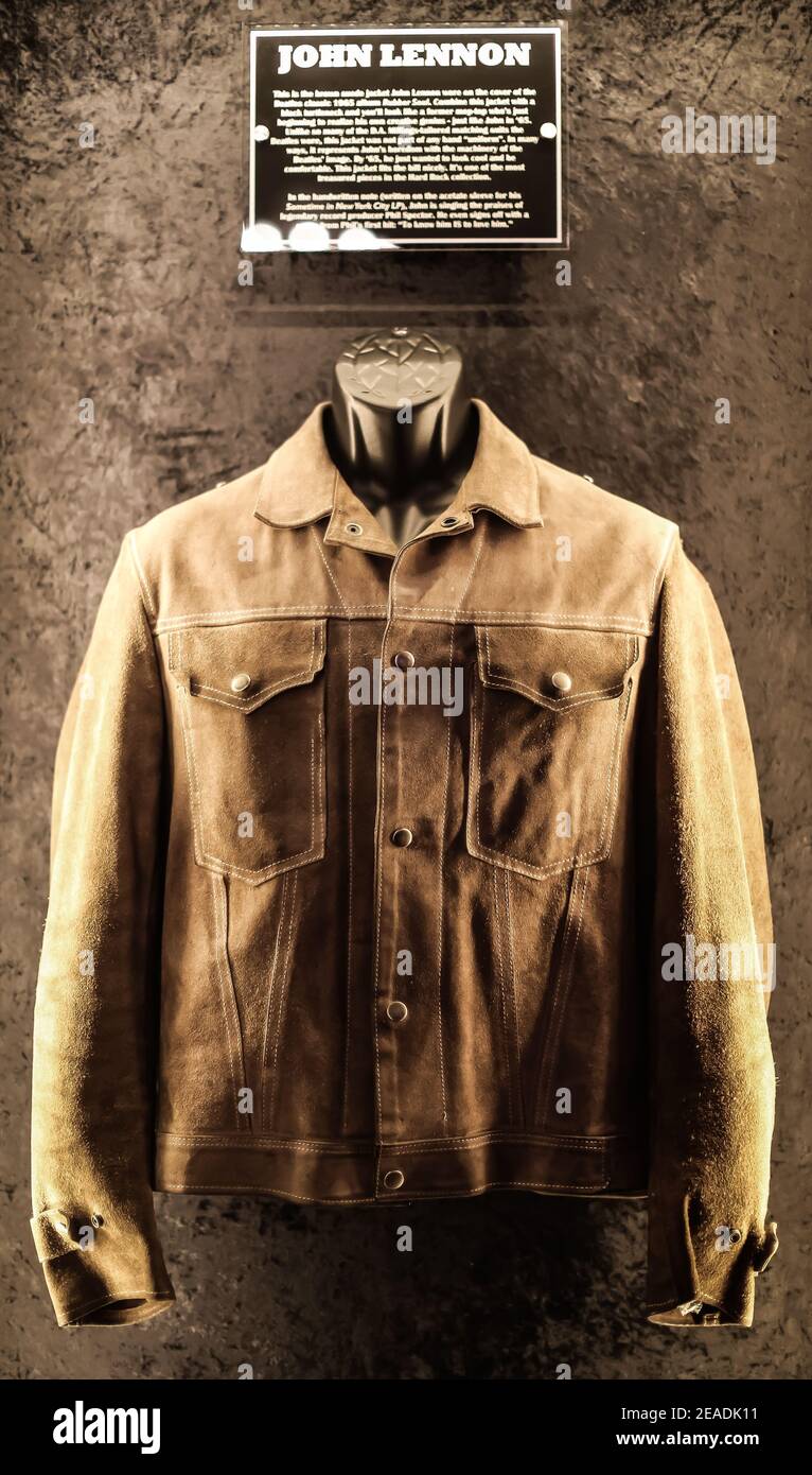 John Lennon's "Rubber Soul" suede jacket in the Hard Rock Couture show,  previewed at the Hard Rock Calling festival at London's Olympic Park by the  Ha Stock Photo - Alamy