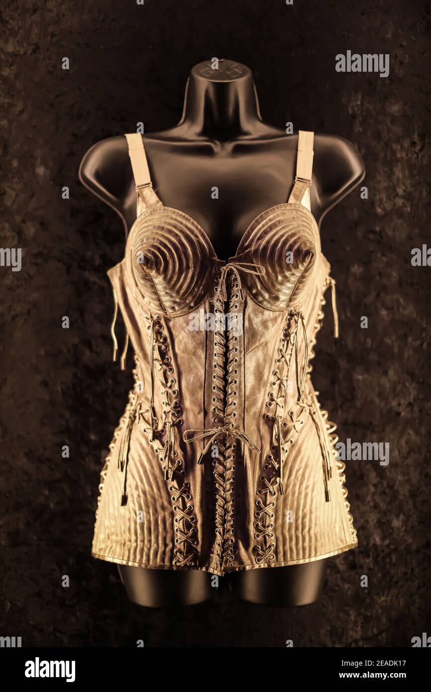 Madonna's famous cone-bra costume designed by Jean-Paul Gaultier in the  Hard Rock Couture show, previewed at the Hard Rock Calling festival at  London' Stock Photo - Alamy