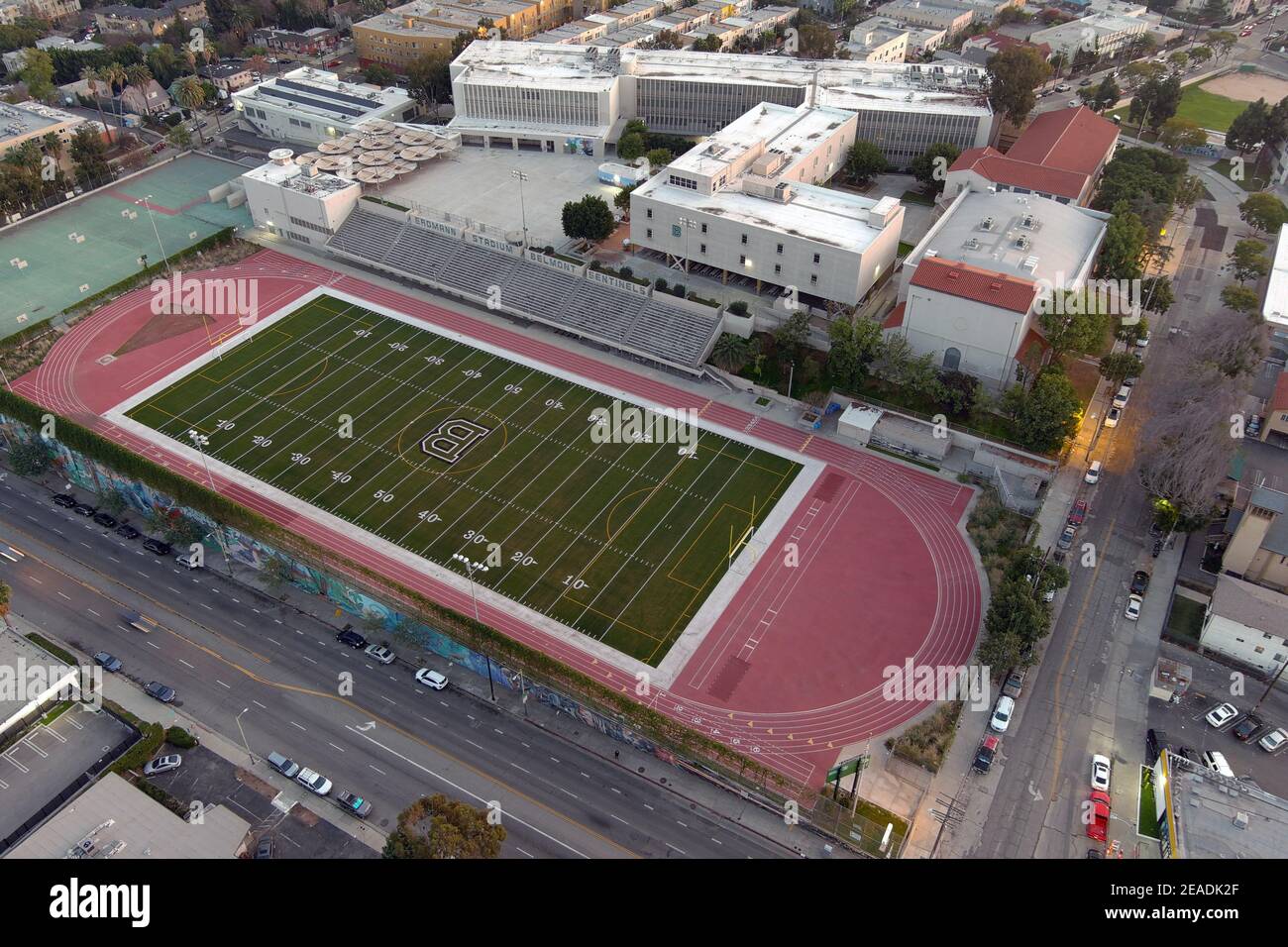 An aerial view of Belmont High School track, Monday, Feb. 8, 2021, in Los Angeles Stock Photo