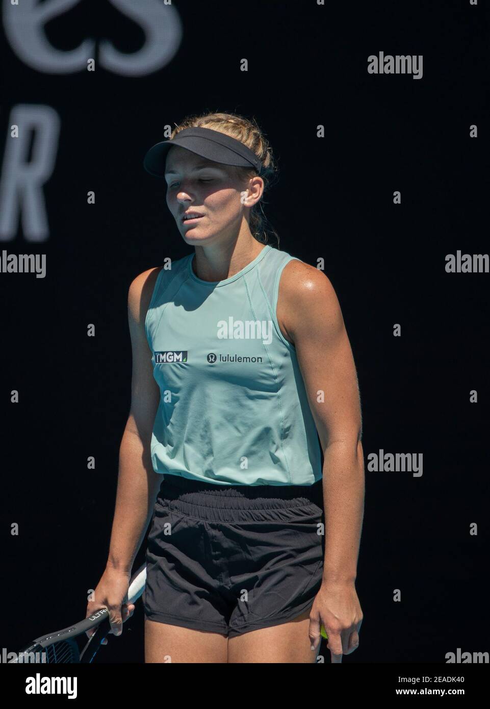 Melbourne, Australia. 9th Feb, 2021. Maddison Inglis of Australia reacts during the women's singles first round match between Sofia Kenin of the United States and Maddison Inglis of Australia at the Australian Open in Melbourne Park, Melbourne, Australia on Feb. 9, 2021. Credit: Hu Jingchen/Xinhua/Alamy Live News Stock Photo