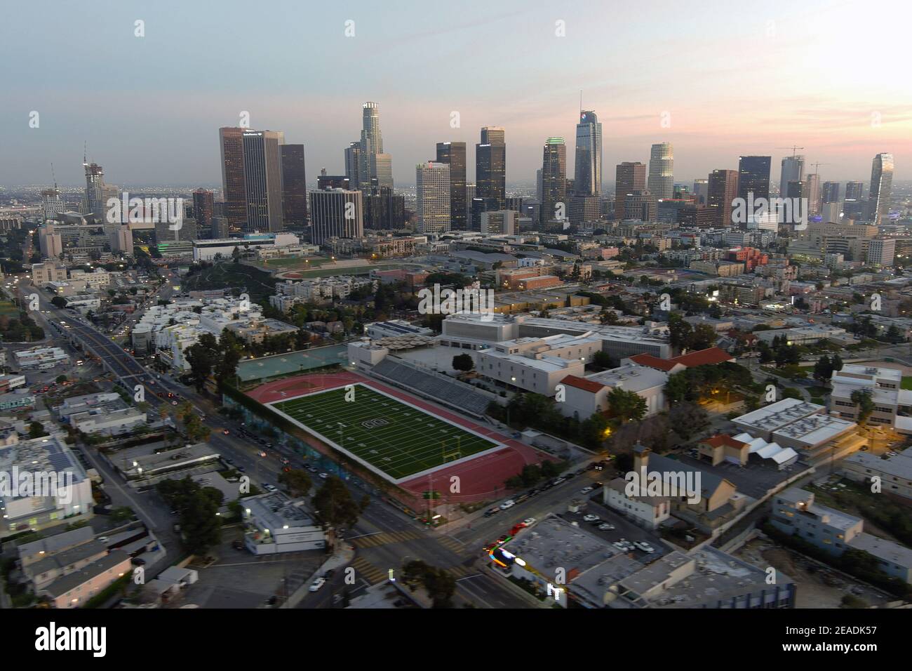 An aerial view of Belmont High School with the downtown Los Angeles