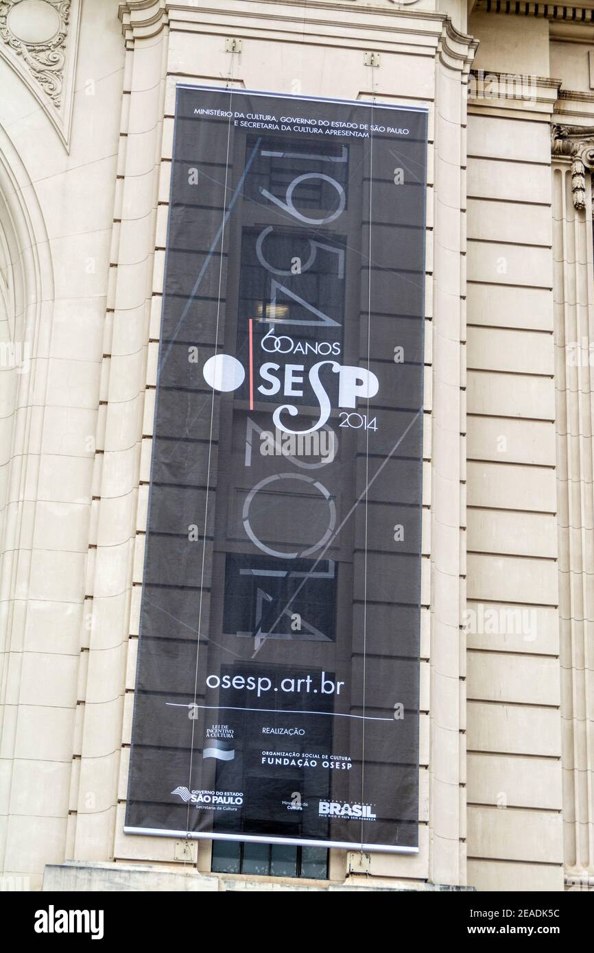A banner at the  Julio Prestes Culture Centre and concert hall is the home of the Sao Paulo State Symphonic Orchestra (OSESP).   The Centre  is also a Stock Photo