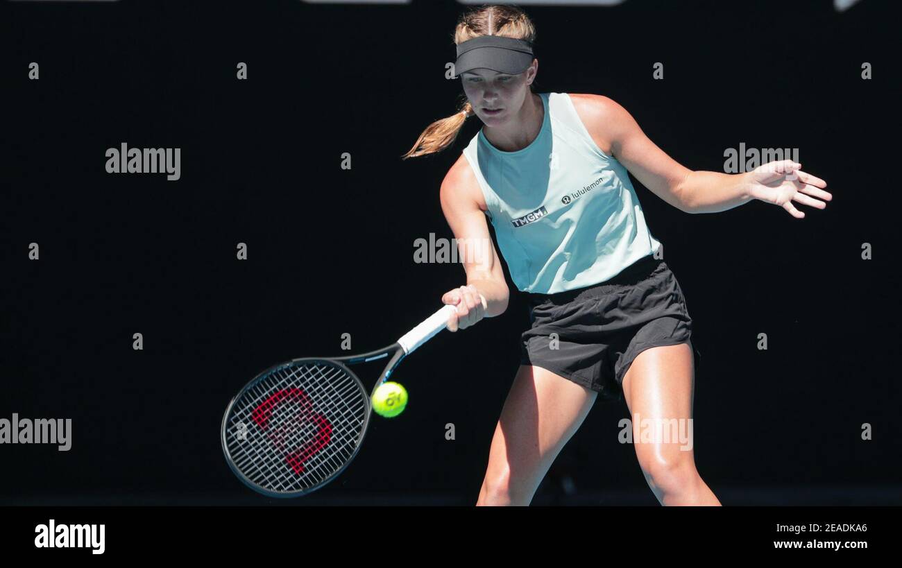 Melbourne, Australia. 9th Feb, 2021. Maddison Inglis of Australia returns a shot during the women's singles first round match between Sofia Kenin of the United States and Maddison Inglis of Australia at the Australian Open in Melbourne Park, Melbourne, Australia on Feb. 9, 2021. Credit: Hu Jingchen/Xinhua/Alamy Live News Stock Photo