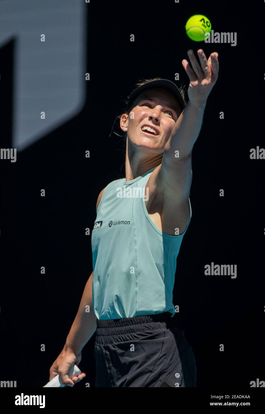 Melbourne, Australia. 9th Feb, 2021. Maddison Inglis of Australia serves during the women's singles first round match between Sofia Kenin of the United States and Maddison Inglis of Australia at the Australian Open in Melbourne Park, Melbourne, Australia on Feb. 9, 2021. Credit: Hu Jingchen/Xinhua/Alamy Live News Stock Photo