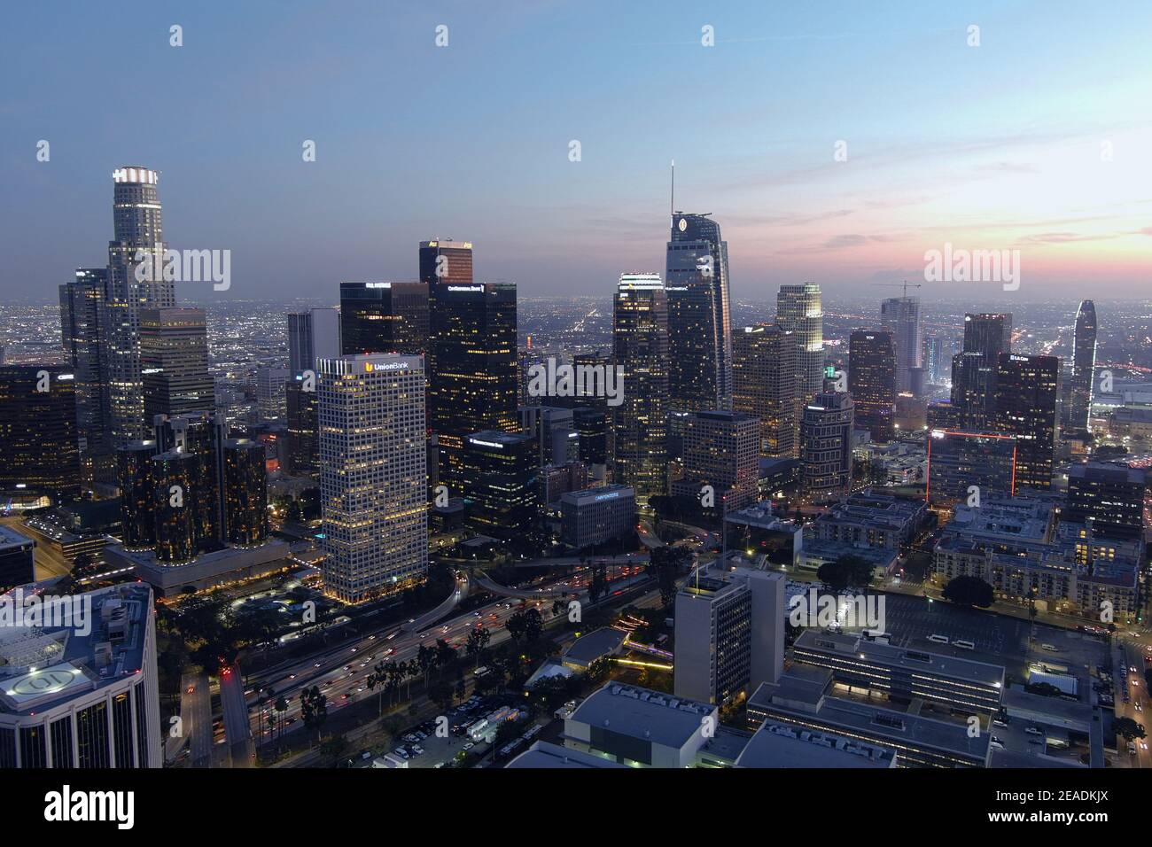 An aerial view of the downtown Los Angeles skyline on Monday, Feb. 8, 2021. Stock Photo