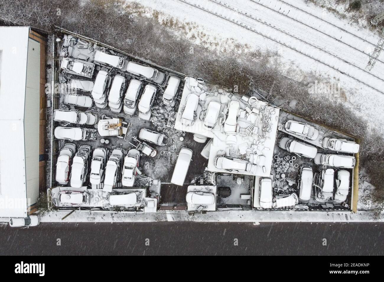 Birmingham, West Midlands, UK. 9th Feb, 2021. A scrap yard blanketed in