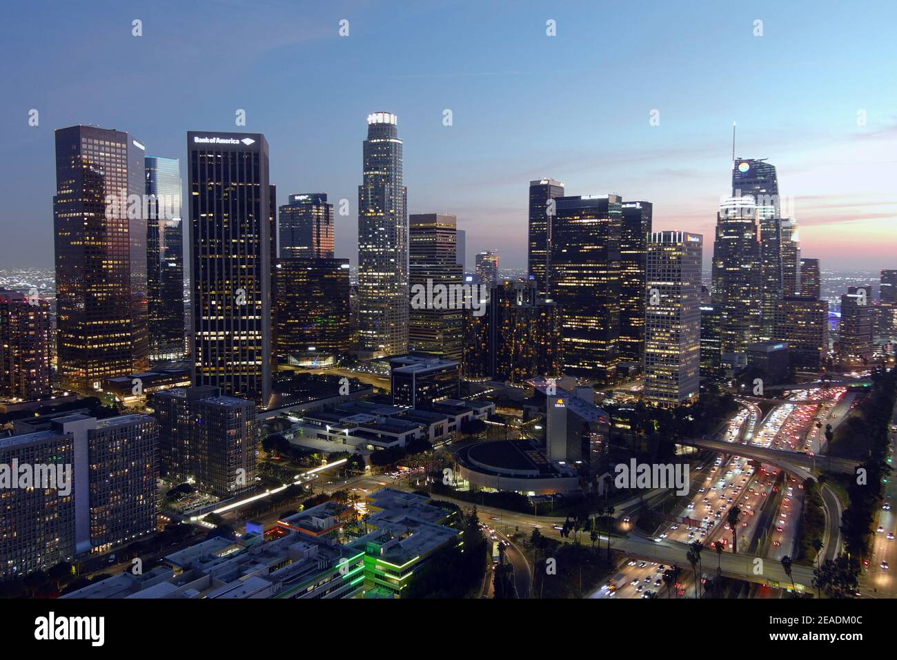 An aerial view of the downtown Los Angeles skyline on Monday, Feb. 8, 2021. Stock Photo