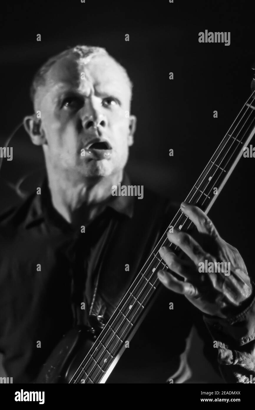 Red Hot Chilli Peppers bassist Flea on stage as part of Atoms for Peace live on stage at the Roundhouse in London Stock Photo