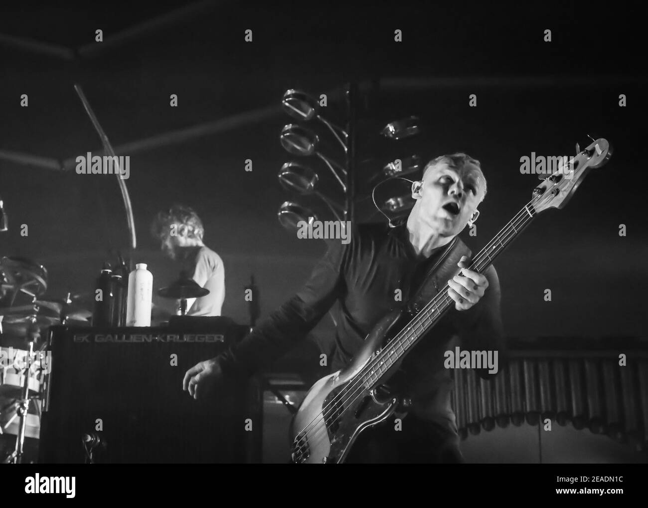 Red Hot Chilli Peppers bassist Flea on stage as part of Atoms for Peace live on stage at the Roundhouse in London Stock Photo