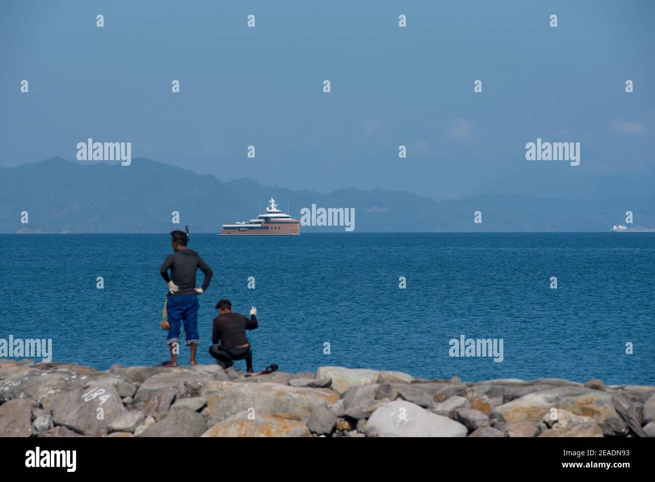 The illegal Russian super cruise ship 'La Datcha George Town' off the coast of Aceh province, in Banda Aceh, Indonesia on February 9, 2021. Stock Photo