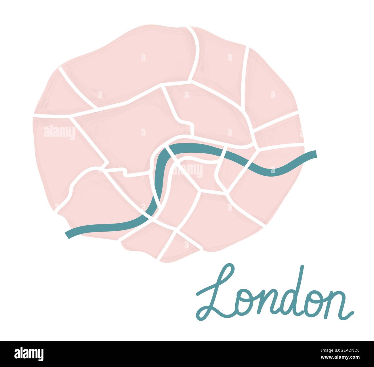 Cartoon flat map of the center of London. Thames River is dark green, the land is pink. Funny cute European British city map. Vector illustration Stock Vector