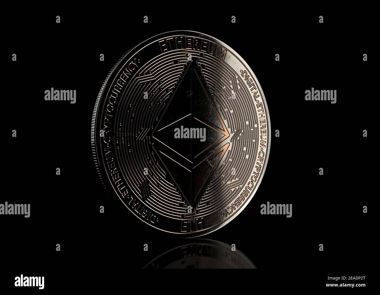 A dimly lit physical Ethereum cryptocurrency in bronze and silver coin form  on a dark studio background- 3D render Stock Photo - Alamy