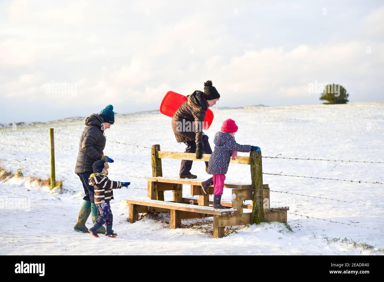 Brighton Uk 9th February 2021 Families Enjoy Some Sledging Fun In The Snow At Devils Dyke On The South Downs Way Just North Of Brighton Today As Some Parts Of Britain