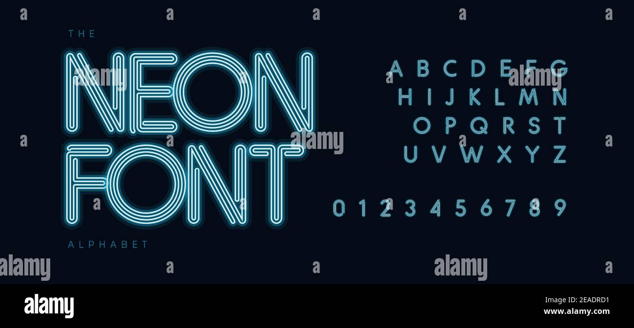 Blue neon tube alphabet. Led contour font, electric light type for modern futuristic logo, headline, monogram, lettering and typography. Fluorescent Stock Vector