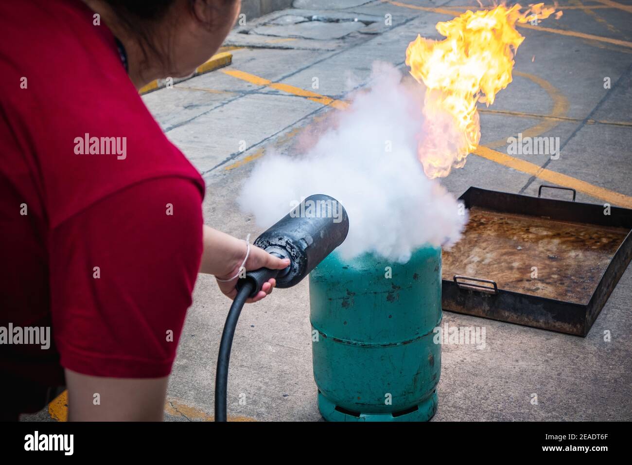 Employees firefighting training,Extinguish a fire. Stock Photo
