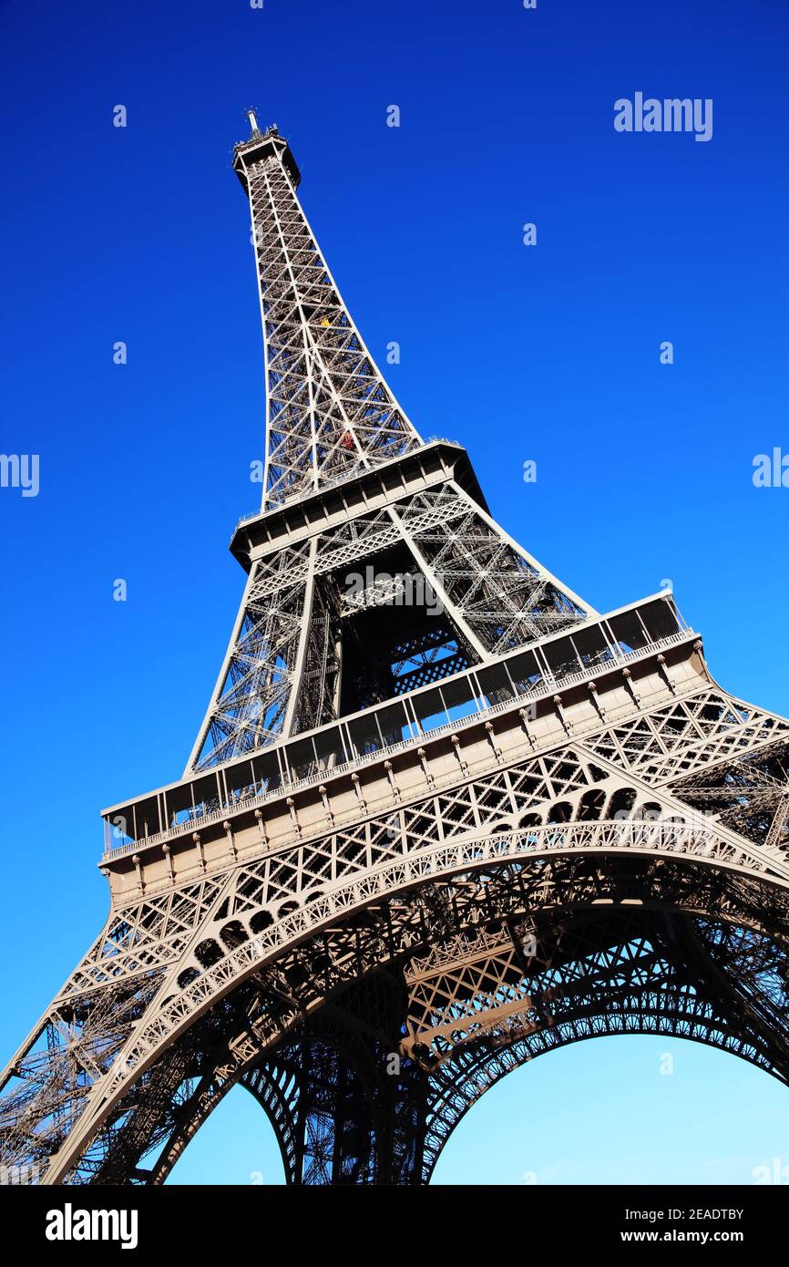 The Eiffel Tower at the Champ De Mars in Paris France built in 1889 and is a popular tourist travel destination attraction landmark, stock photo image Stock Photo