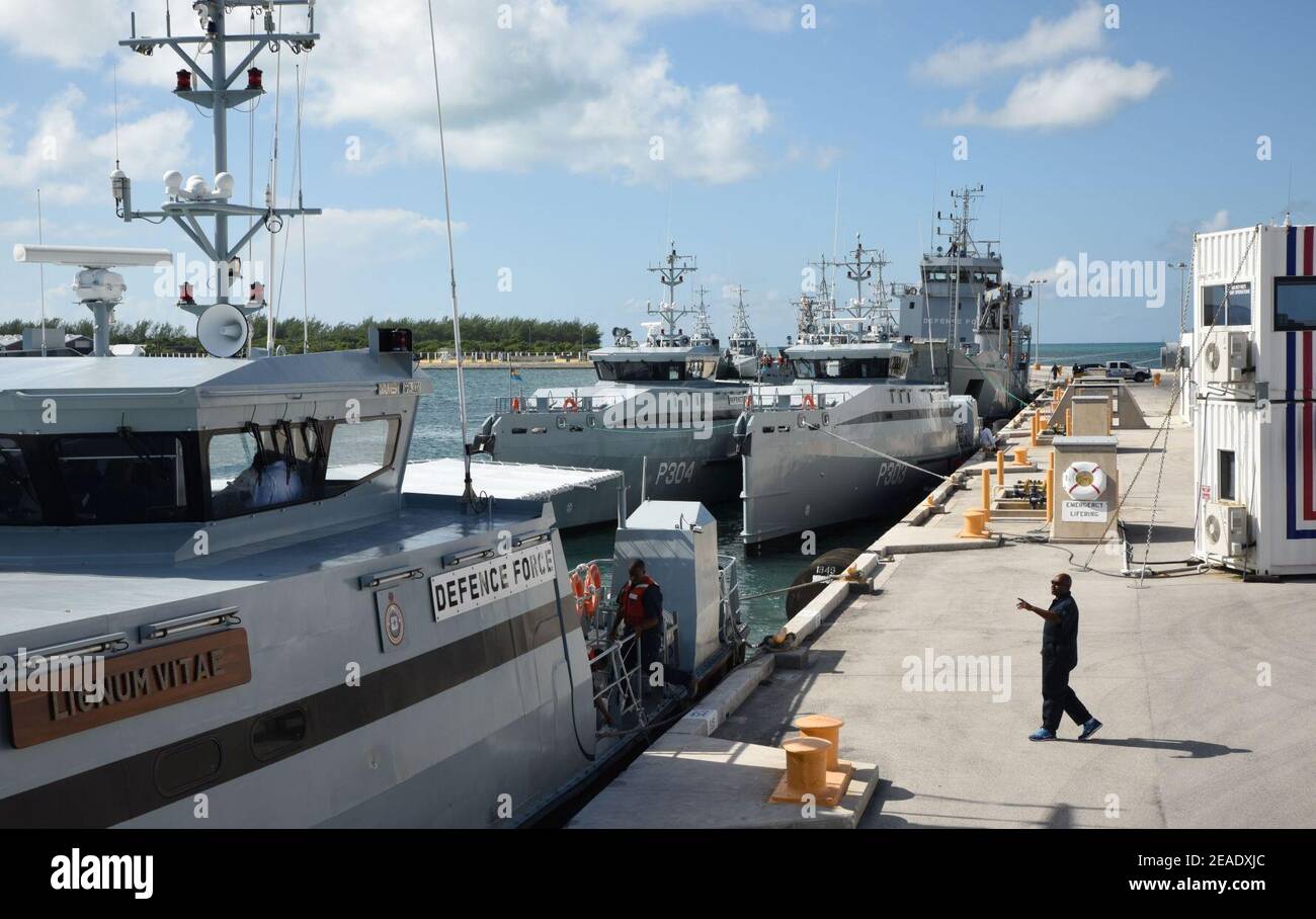 Nine ships from the Royal Bahamas Defence Force, research vessel Walton Smith and a contract vessel take shelter at Naval Air Station Key West’s Mole Pier. (30159057016). Stock Photo