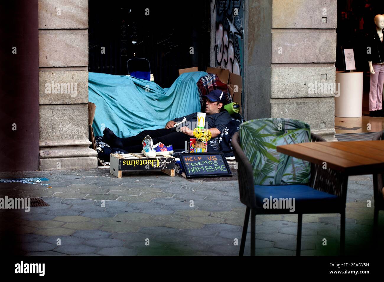 Homeless man, central Barcelona, Spain. Stock Photo