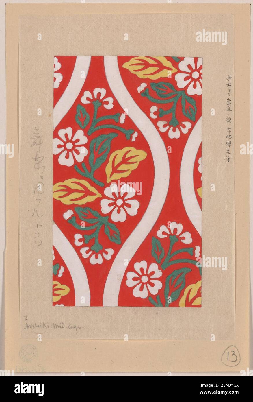 Nishiki brocade with cherry blossoms and wave designs on red background ...