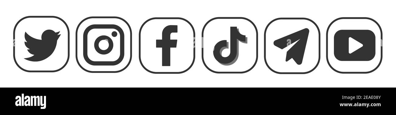 Set of most popular social media logos white background : Facebook, Instagram, Twitter, TikTok, Telegram Stock Vector