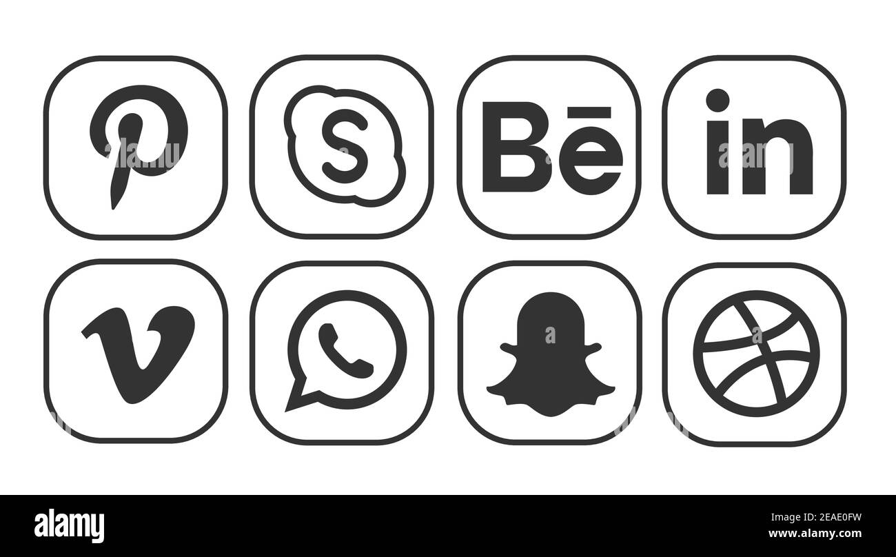 Set of most popular social media logos white background : Facebook, Instagram, Twitter, TikTok, Telegram Stock Vector