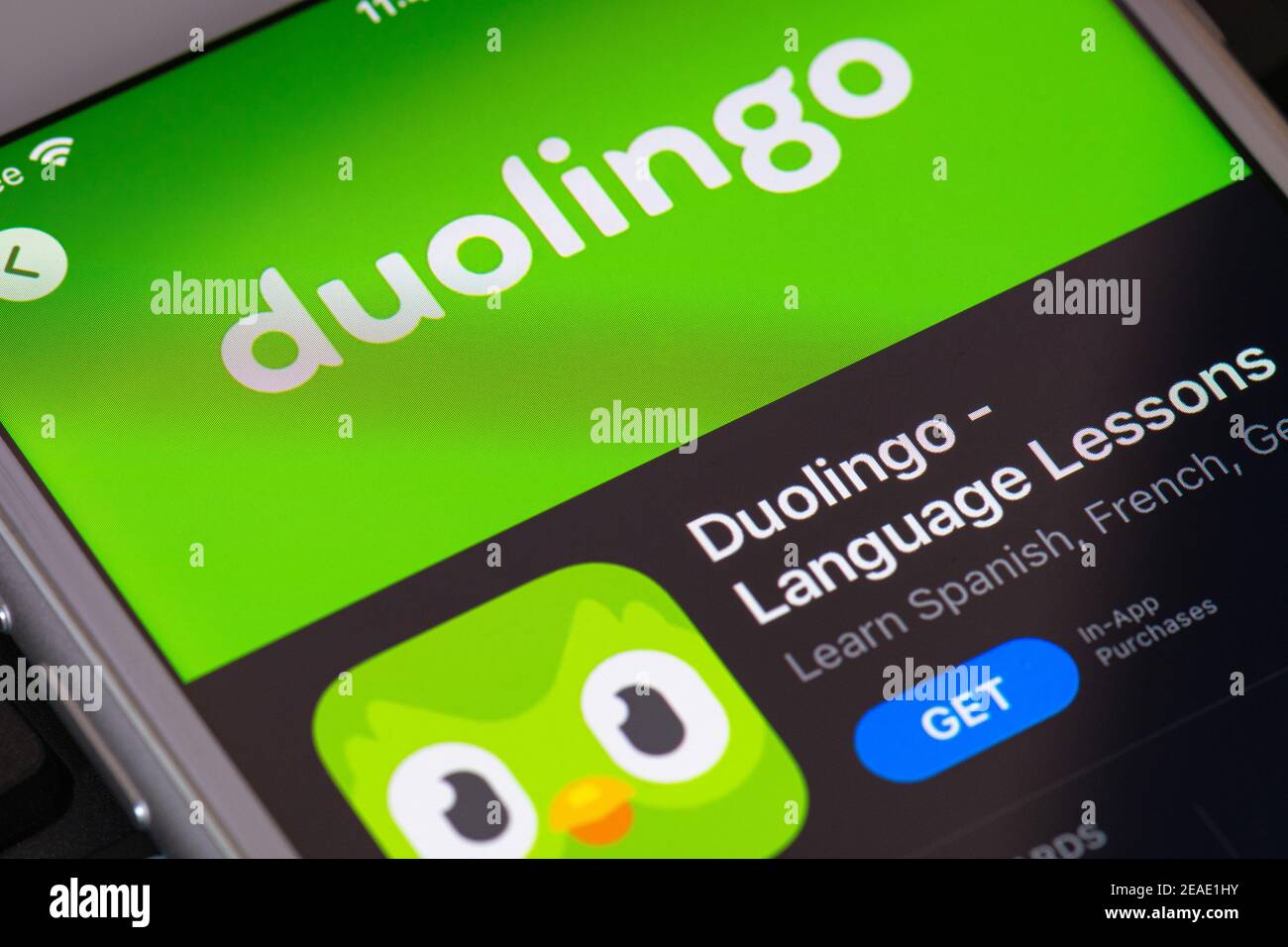 Guilherand-Granges, France - February 08, 2021. Smartphone with Duolingo logo. American language-learning website and mobile app. Stock Photo