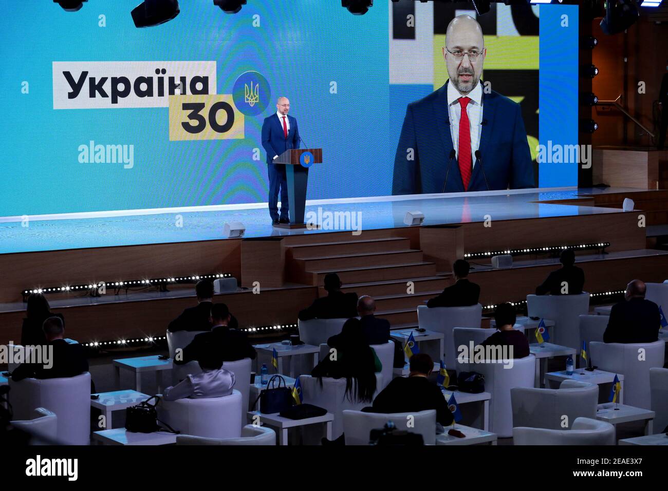 Non Exclusive: KYIV, UKRAINE - FEBRUARY 9, 2021 - Prime Minister of Ukraine Denys Shmyhal presents the government action plant to curb the pandemic in Stock Photo