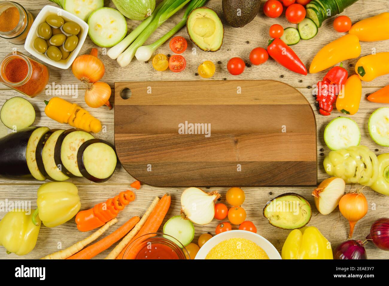 Cutting board in food vegetable frame. Stock Photo