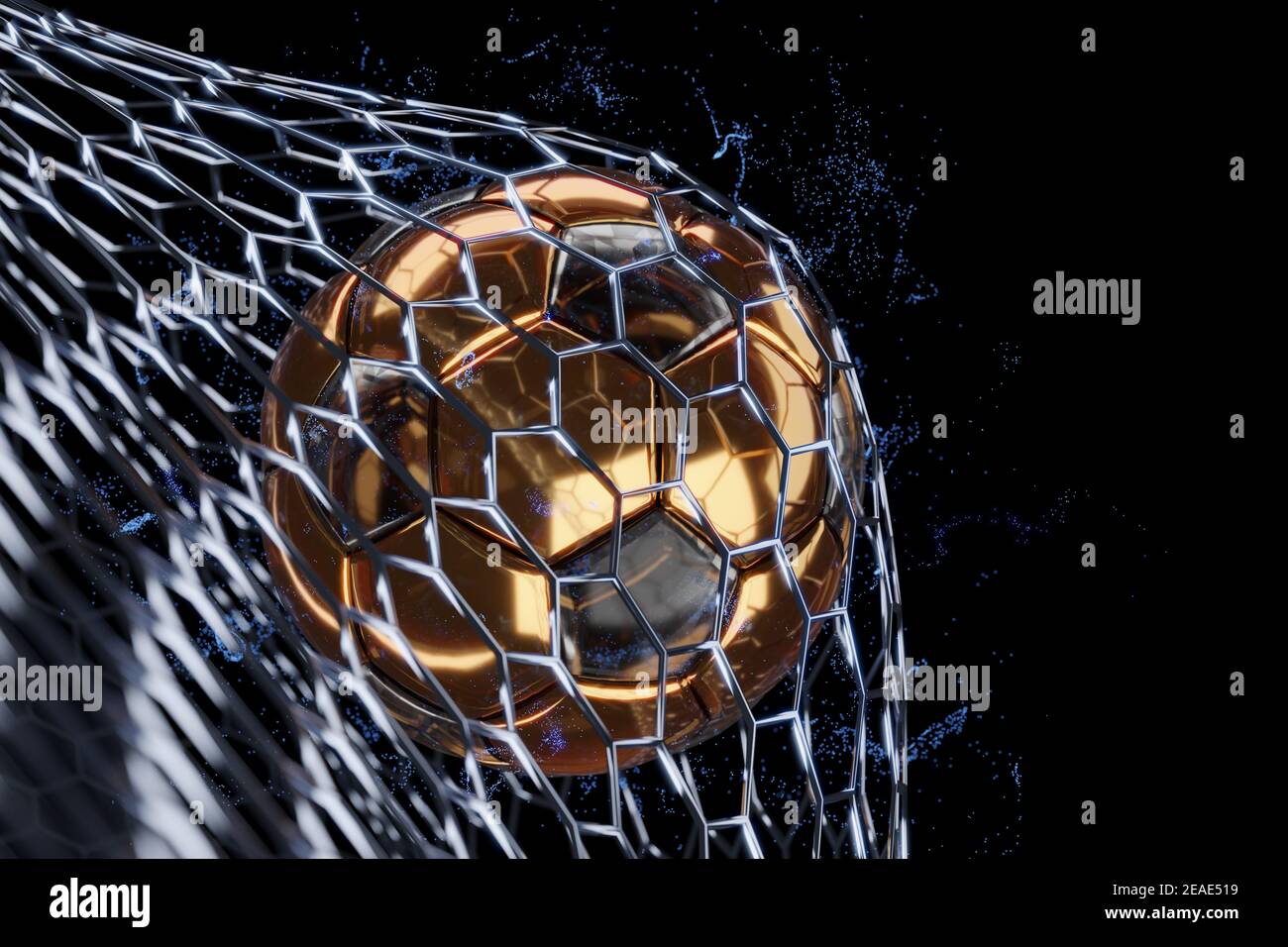goal of gold soccer ball in gate on a black background. 3d rendering. Stock Photo