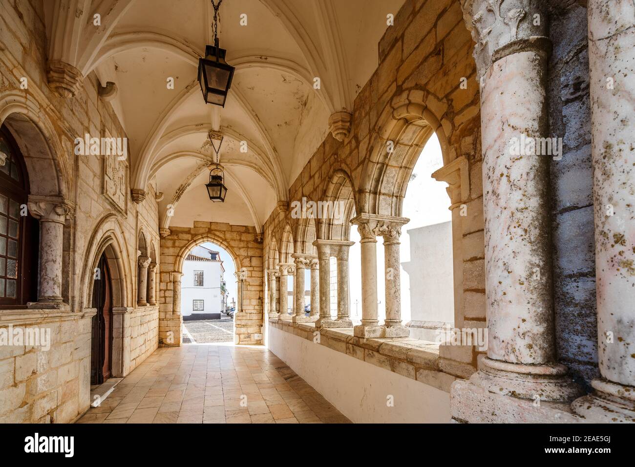 Medieval arcades next to Saint Mary church in Estemoz, Portugal Stock Photo