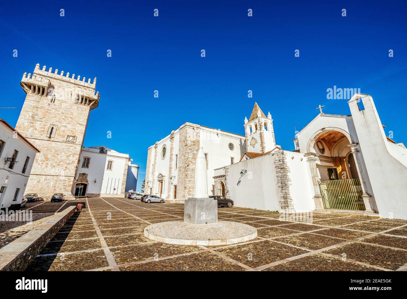 Historic square with the castle, churches and monument of queen Isabela, Estremoz, Prtugal Stock Photo