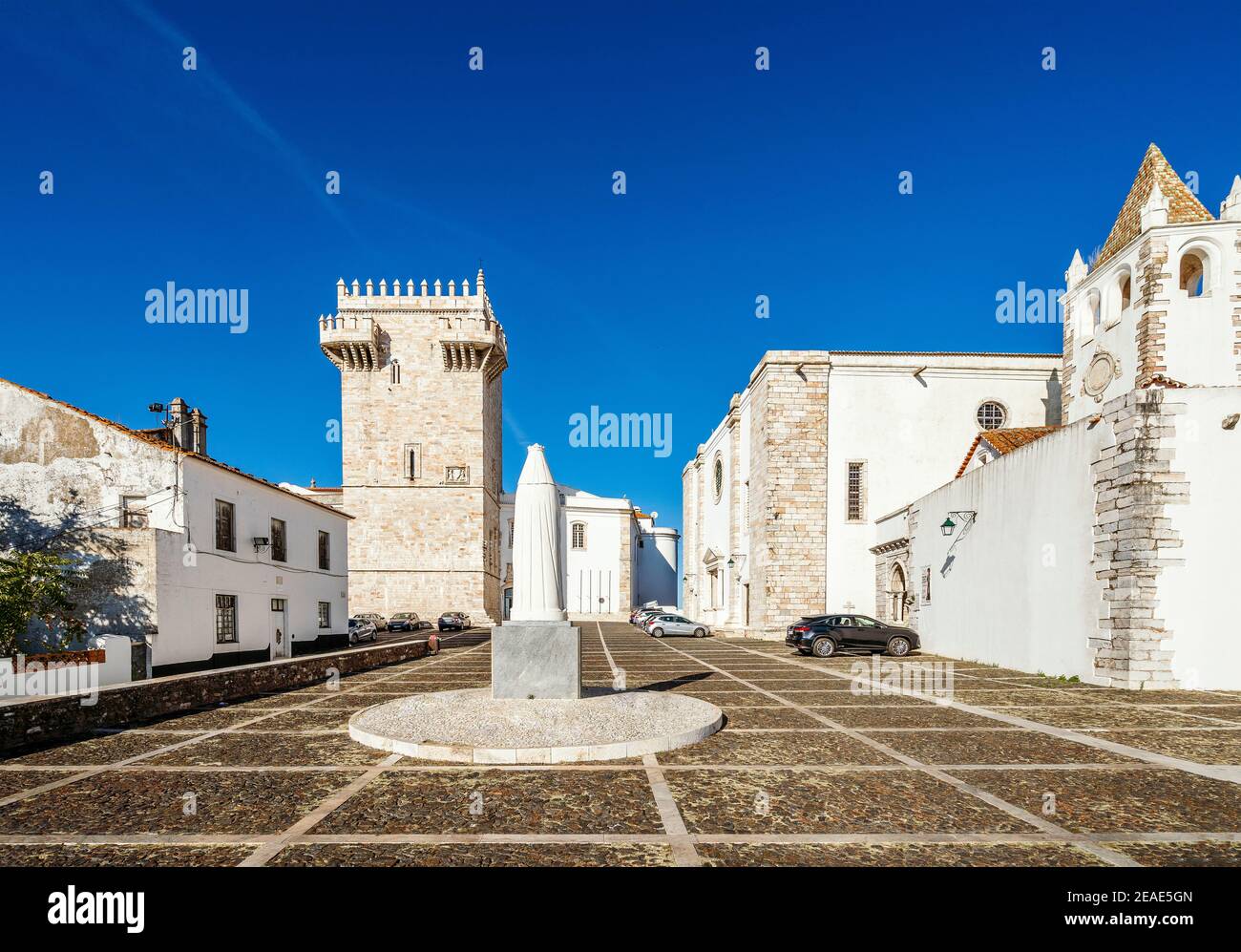 Historic square with the castle, churches and monument of queen Isabela, Estremoz, Prtugal Stock Photo
